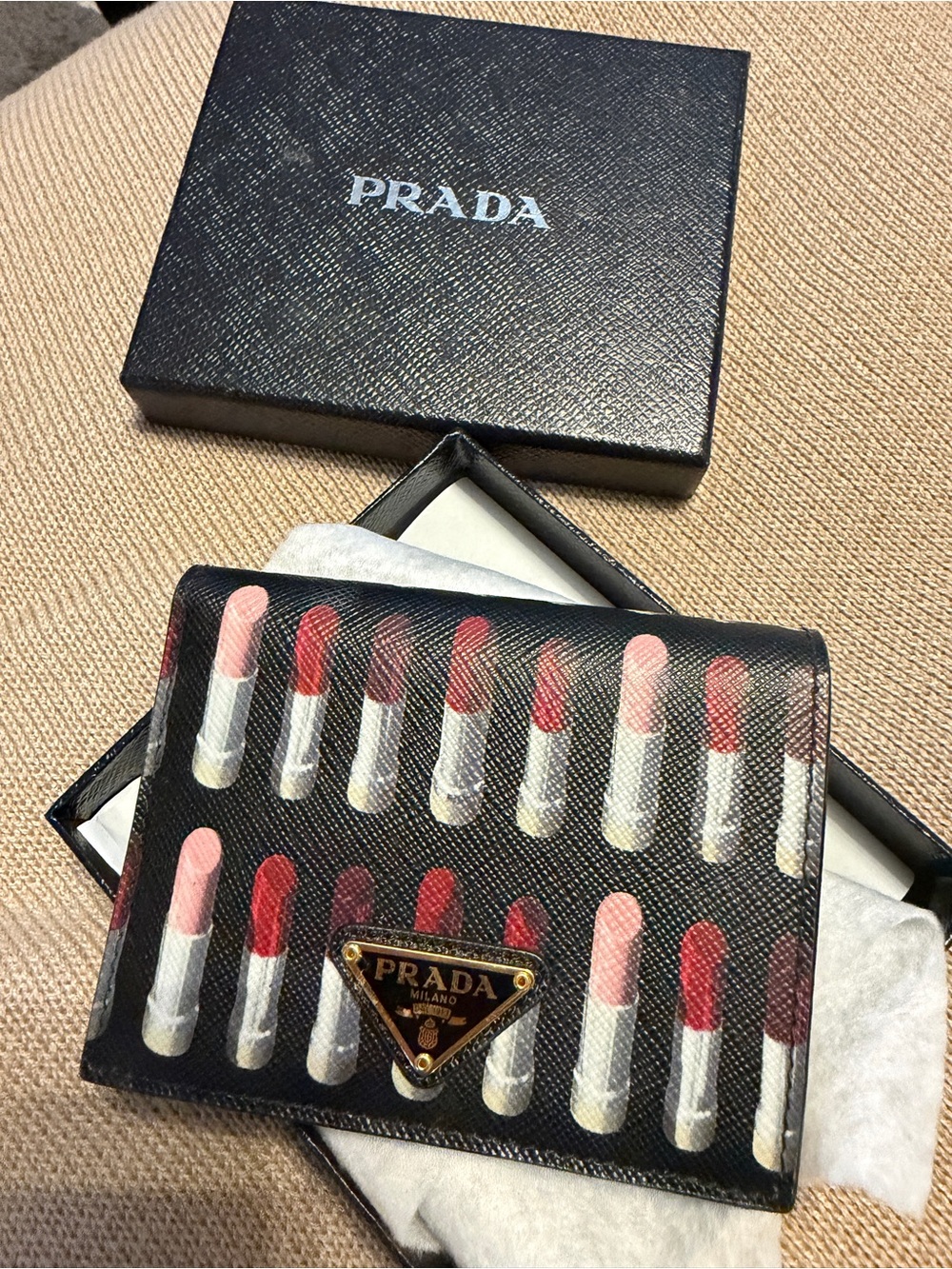 Prada Black Wallet with Lipstick Print